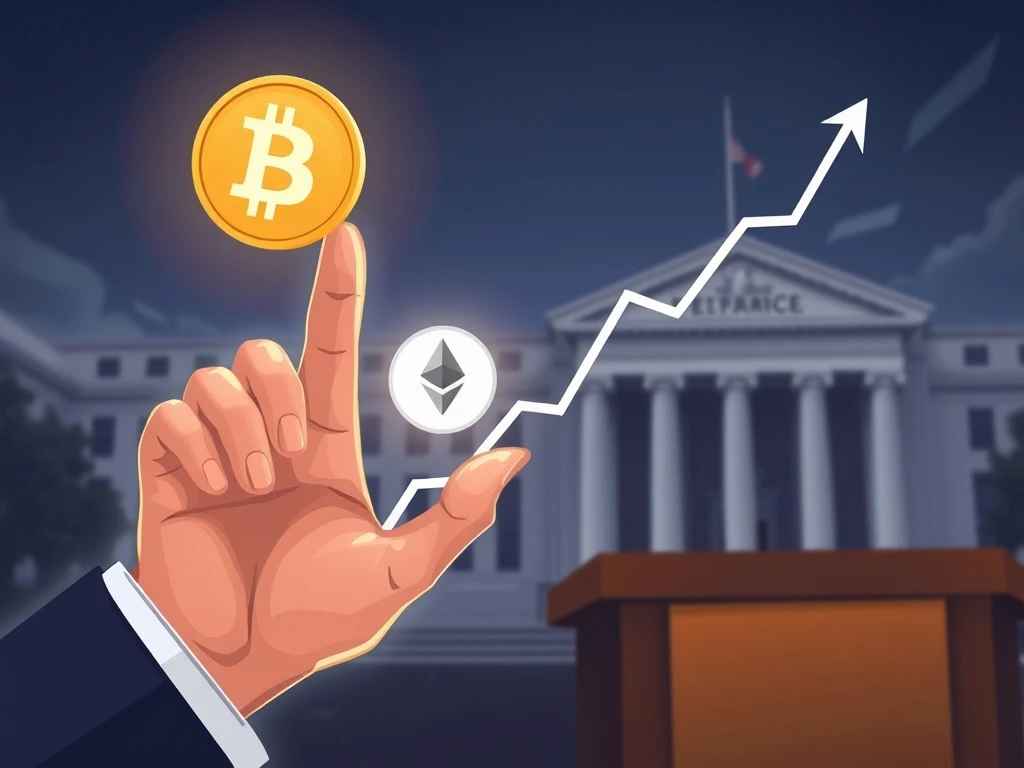 A visual representation of crypto sentiment shifting to greed, with Bitcoin and Ether price charts rising after a Fed announcement.