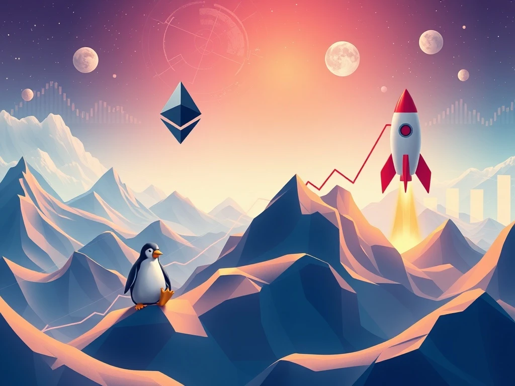 Illustration of growing crypto tokens, including Ethereum, Pengu, and MAGAX, symbolizing investment potential.