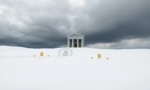 A desolate landscape depicting a crypto winter, with a traditional finance building standing firm, illustrating the challenges TradFi firms face.