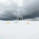 A desolate landscape depicting a crypto winter, with a traditional finance building standing firm, illustrating the challenges TradFi firms face.