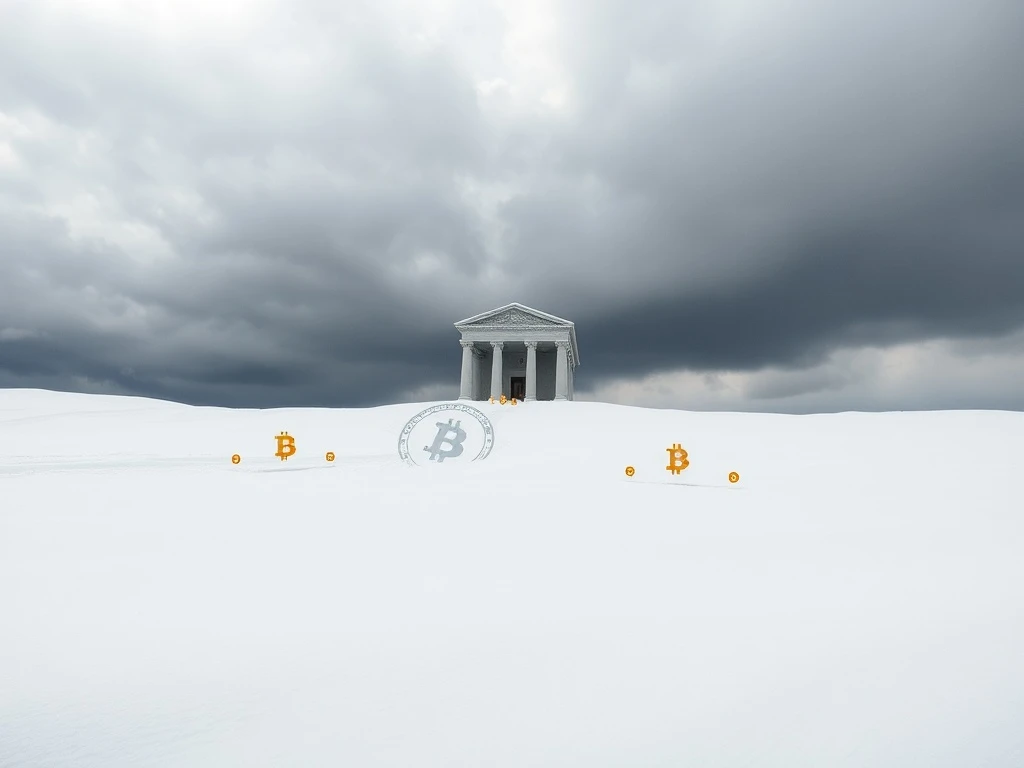 A desolate landscape depicting a crypto winter, with a traditional finance building standing firm, illustrating the challenges TradFi firms face.