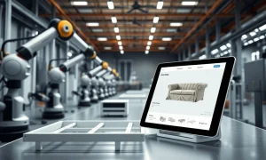 Robotic arms and a digital design interface illustrating the advanced technology behind DreamSofa's efficient custom sofa production.