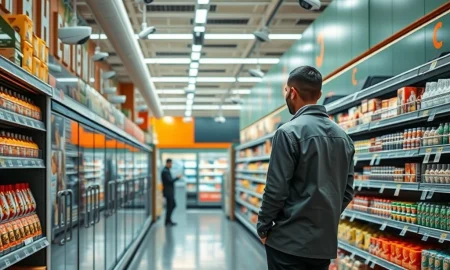 A customer discreetly observes a supermarket aisle, symbolizing vigilance and the implementation of customer rewards for shoplifting reports to prevent theft.
