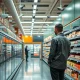 A customer discreetly observes a supermarket aisle, symbolizing vigilance and the implementation of customer rewards for shoplifting reports to prevent theft.