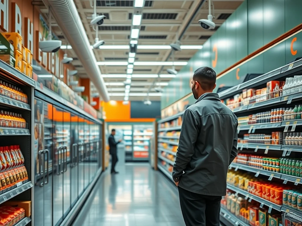 A customer discreetly observes a supermarket aisle, symbolizing vigilance and the implementation of customer rewards for shoplifting reports to prevent theft.