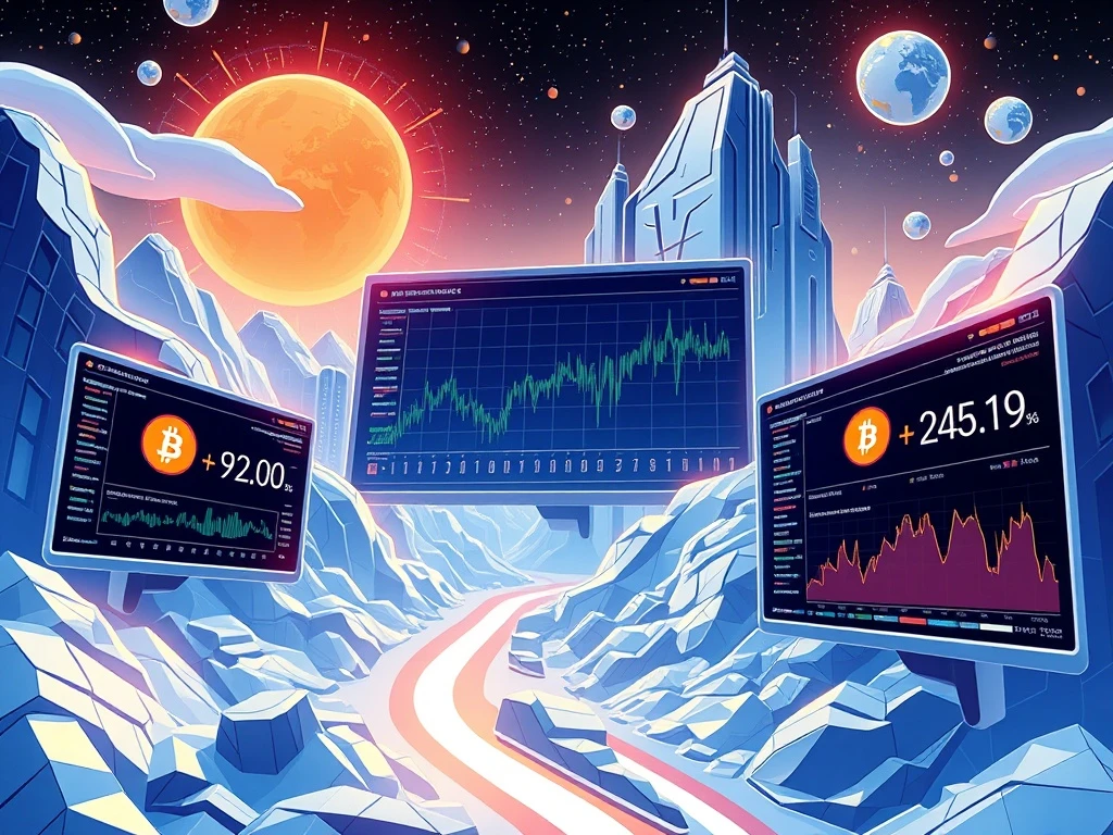 A visual representation of the fast-paced Daily Crypto News, showing market charts, digital currency symbols, and global headlines converging.