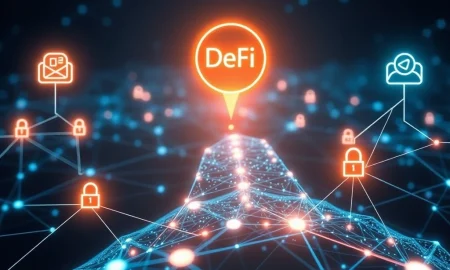 Visualizing the secure flow of information, bridging DeFi Data Gaps between blockchain networks and real-world data sources for decentralized finance.