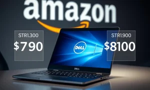 A high-performance Dell touchscreen laptop showcasing its sleek design and the remarkable $800 Amazon deal, highlighting significant savings.