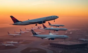 Delta Air Lines expansion strategy with multiple aircraft at major hub airport