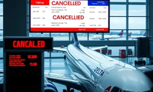 Delta Air Lines flights cancellation announcement at airport departure board