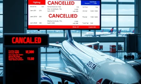 Delta Air Lines flights cancellation announcement at airport departure board