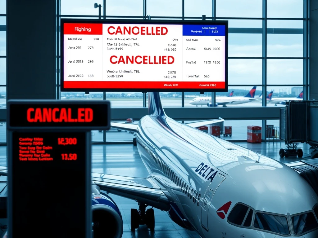 Delta Air Lines flights cancellation announcement at airport departure board