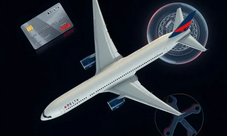 An illustration depicting the diversified Delta Air Lines business model, showing a plane, credit cards, and refinery, symbolizing its true revenue sources.