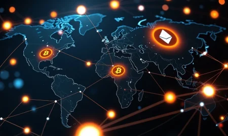 Digital Currencies transforming global finance, showing secure transactions and interconnected networks.