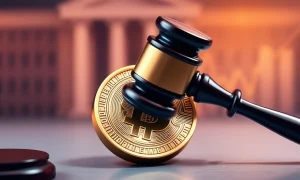 A gavel strikes a cryptocurrency coin, symbolizing the ongoing legal battle involving Digital Currency Group and its subsidiaries.