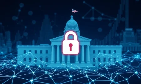 An illustration showing a secure **Digital ID verification** process integrating with decentralized finance (DeFi) smart contracts to enhance security and compliance.