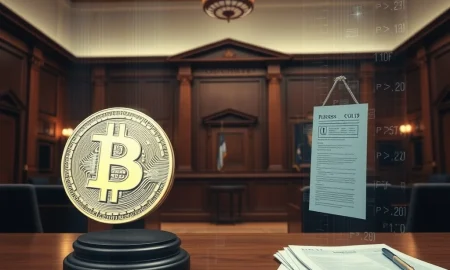 A legal proceeding in a courtroom, symbolizing Do Kwon's accountability for the Terraform collapse.