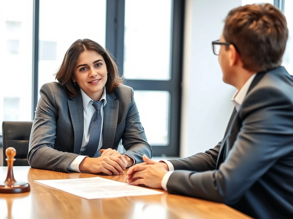 A domestic violence lawyer consults with a client in a confidential setting, explaining legal options and rights.