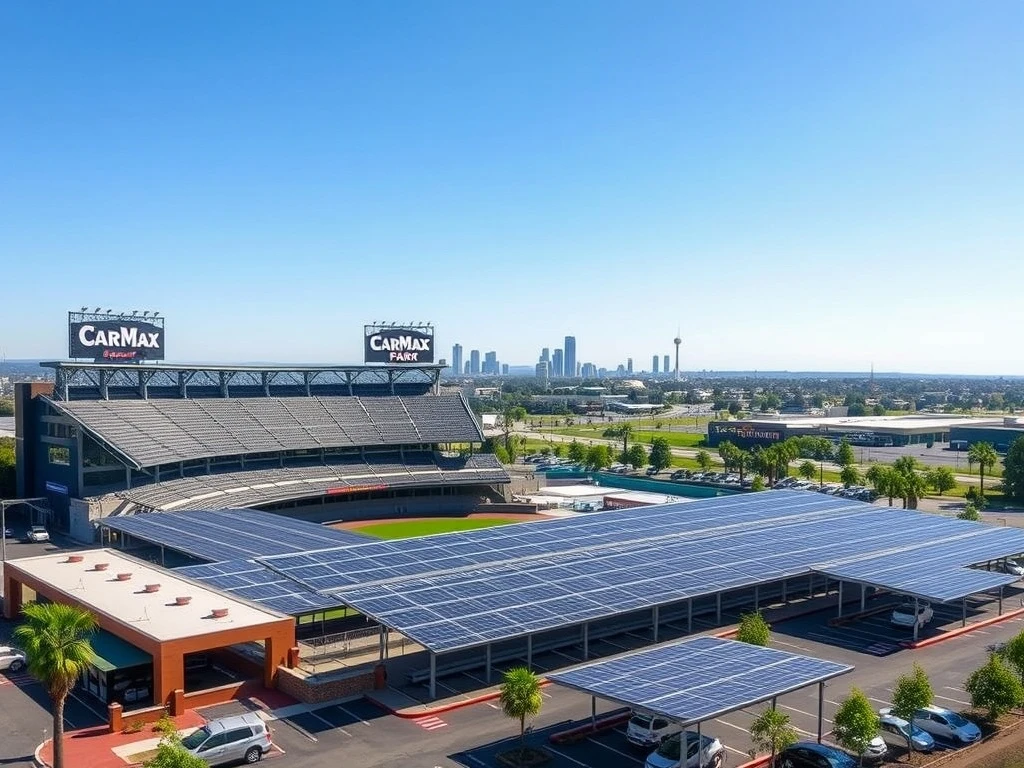 A Dominion Energy solar array on the roof of CarMax Park stadium, symbolizing a commitment to renewable energy and community partnership.