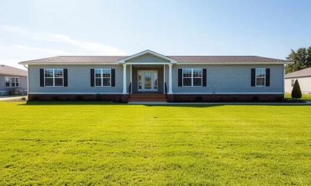 A modern double-wide manufactured home with a landscaped yard, representing affordable and spacious double-wide manufactured homes.