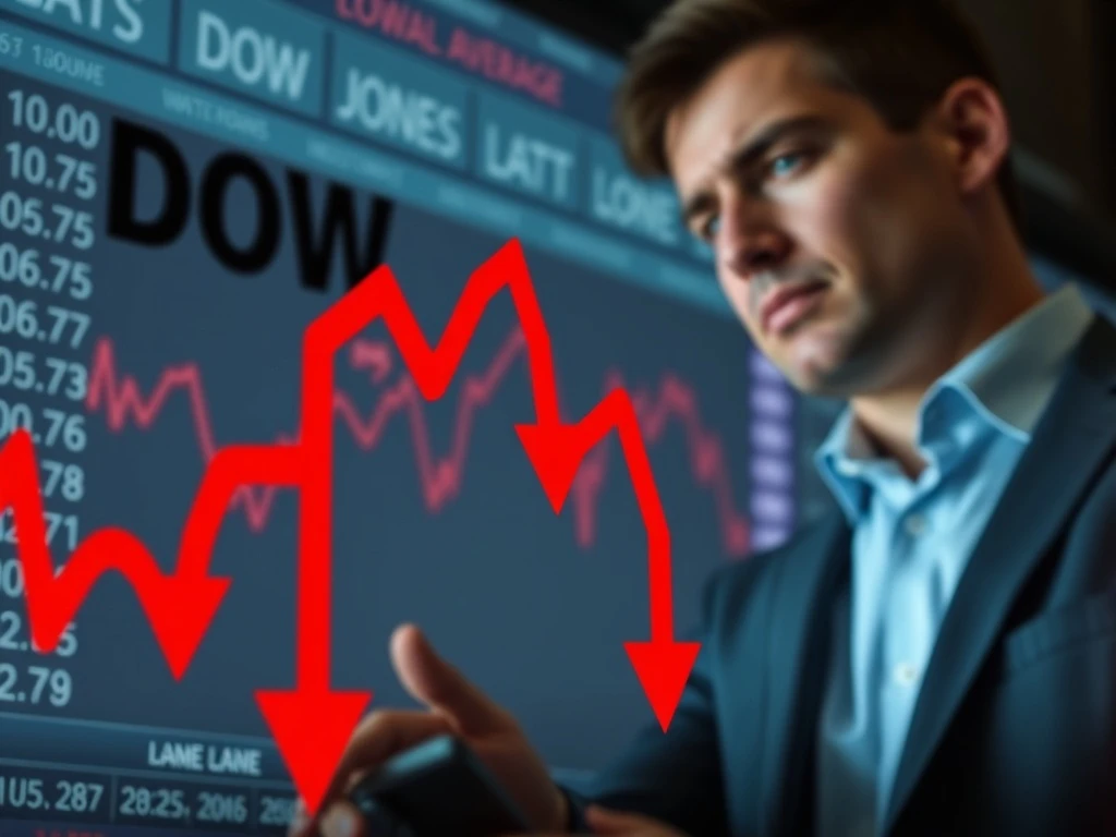 Dow Jones Signals a potential market downturn, with red arrows on a stock ticker reflecting investor concerns.
