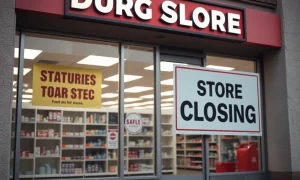 A 'Store Closing' sign on the window of a prominent pharmacy, symbolizing the ongoing trend of drugstore chain closures impacting communities nationwide.
