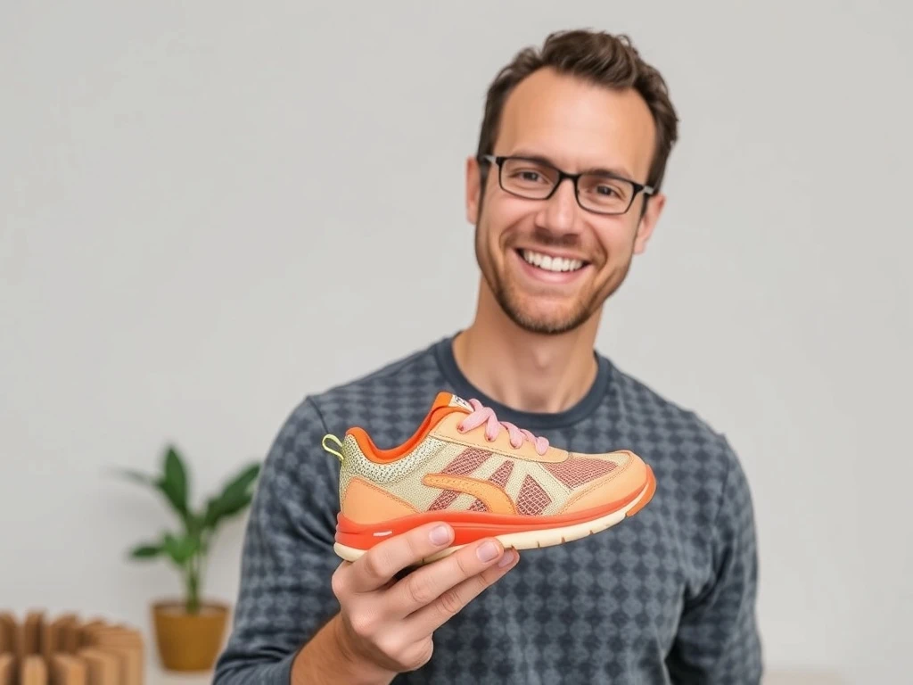 Stuart Davis, CEO of Dubs Universe, proudly holds a pair of vibrant sustainable footwear for children, symbolizing innovation in eco-friendly design.