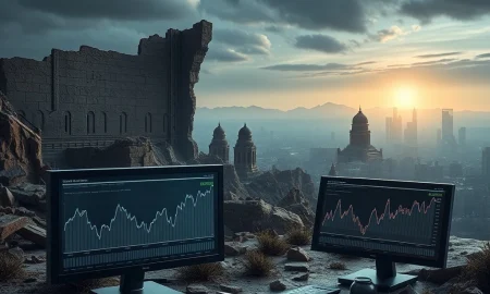 A visual metaphor depicting the concept of an economic recession being a thing of the past, with old economic indicators fading and new tools emerging.