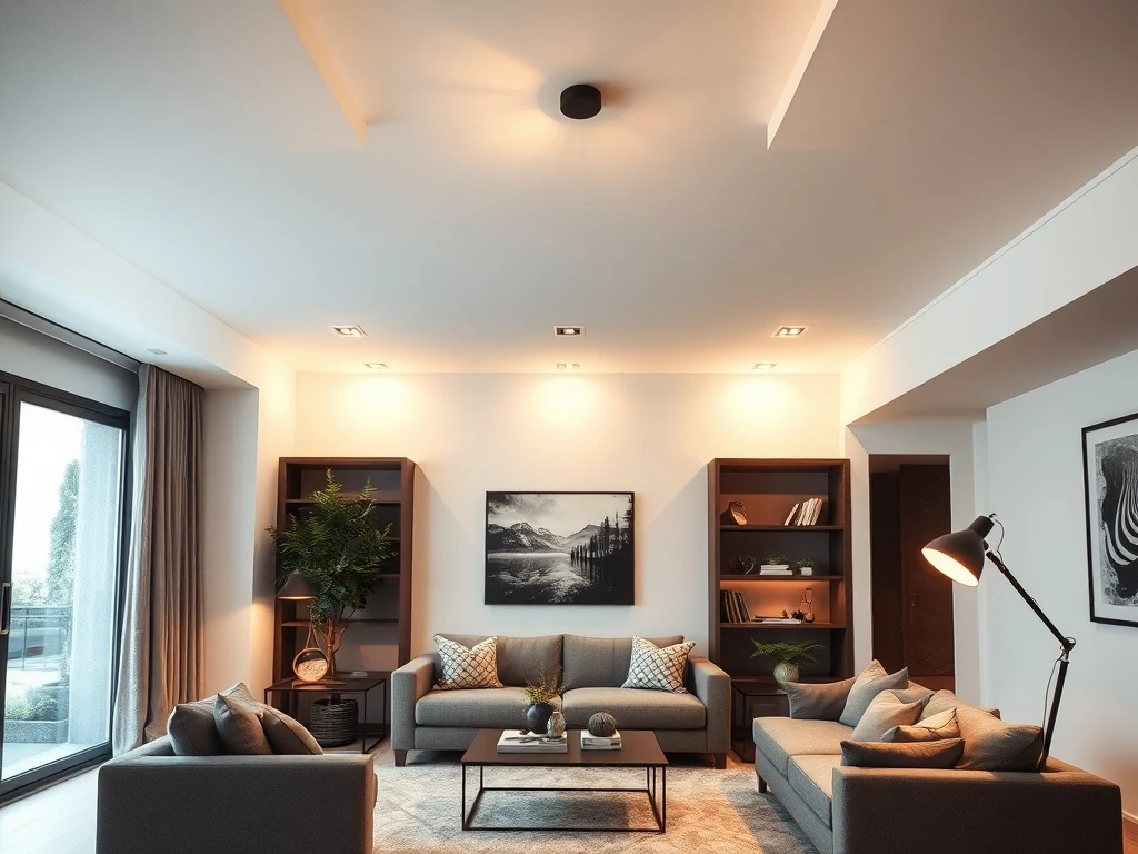 A modern living room bathed in the warm glow of efficient lighting, highlighting smart design choices for home illumination.