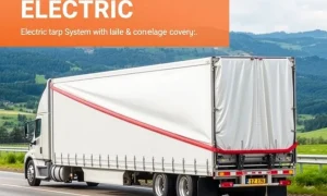 A modern semi-truck efficiently securing its load with an advanced electric tarp system, showcasing technological progress in trucking safety.