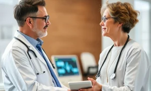 A doctor and patient discussing health information on a tablet, illustrating how Electronic Health Records enhance patient-doctor communication.