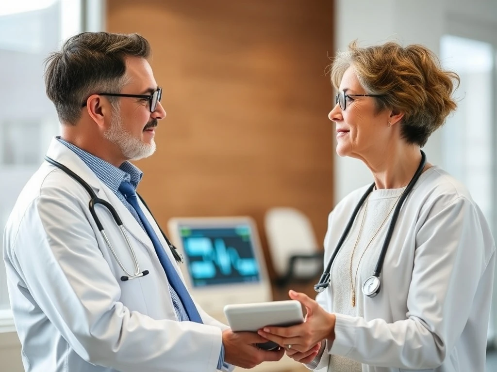 A doctor and patient discussing health information on a tablet, illustrating how Electronic Health Records enhance patient-doctor communication.