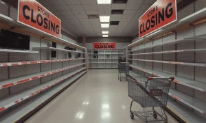 Electronics retailer store closures showing abandoned retail space with empty shelves and closing signs