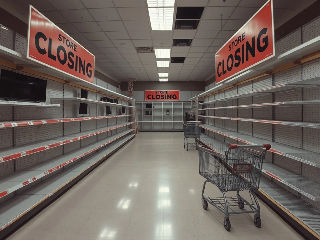 Electronics retailer store closures showing abandoned retail space with empty shelves and closing signs