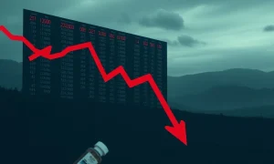 A red downward arrow on a stock chart, representing the plunge in Eli Lilly stock after disappointing clinical trial results for its weight-loss pill.