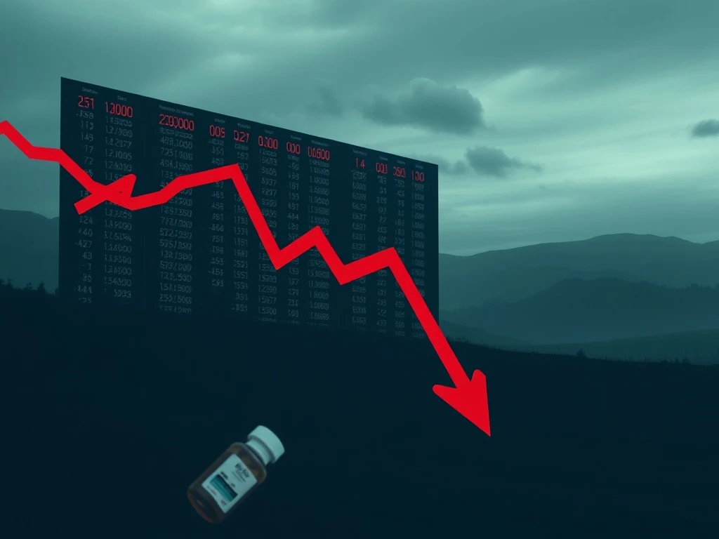 A red downward arrow on a stock chart, representing the plunge in Eli Lilly stock after disappointing weight-loss pill trial results.