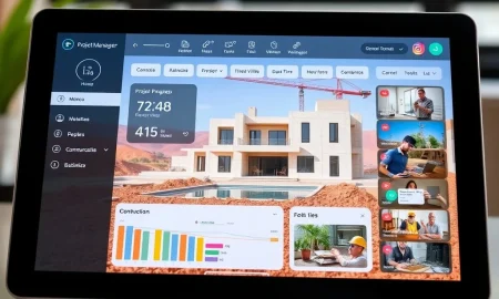 A digital dashboard displays real-time construction progress, connecting AMG Building with international clients overseeing luxury villa projects.