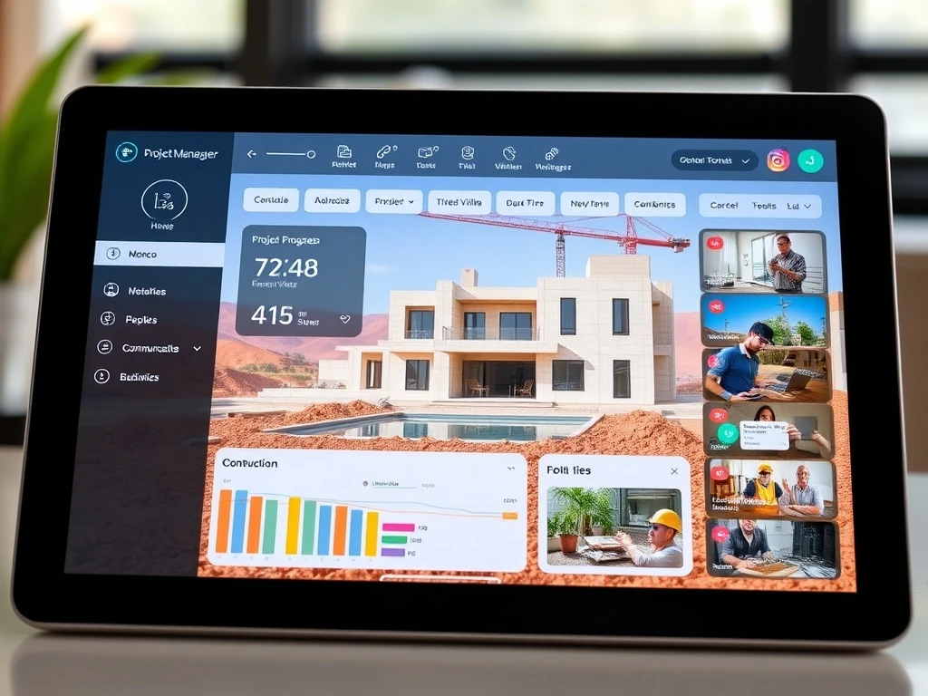 A digital dashboard displays real-time construction progress, connecting AMG Building with international clients overseeing luxury villa projects.