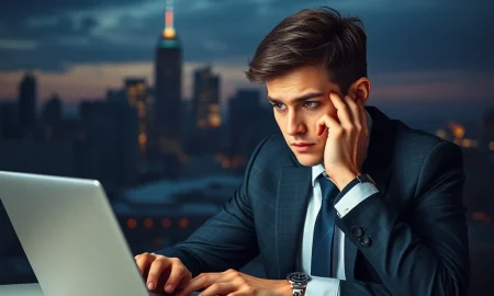 Young professional analyzing declining entry-level job vacancies data on laptop