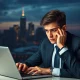 Young professional analyzing declining entry-level job vacancies data on laptop