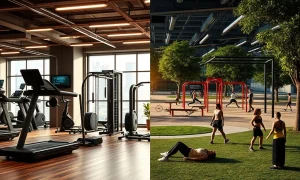 Vue dynamique de divers équipements de fitness intérieur et extérieur, illustrant la polyvalence et la durabilité pour tous les environnements d'entraînement.