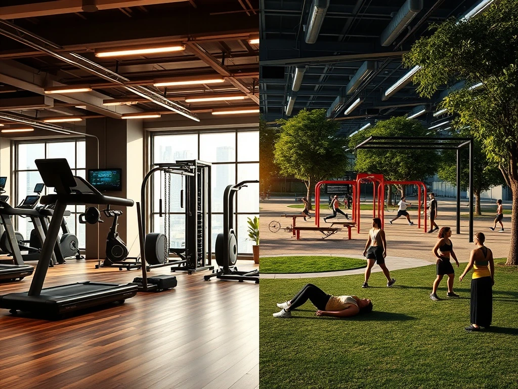 Vue dynamique de divers équipements de fitness intérieur et extérieur, illustrant la polyvalence et la durabilité pour tous les environnements d'entraînement.