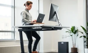 A person stands comfortably at a modern ergonomic standing desk, working on a laptop, demonstrating improved posture and productivity.