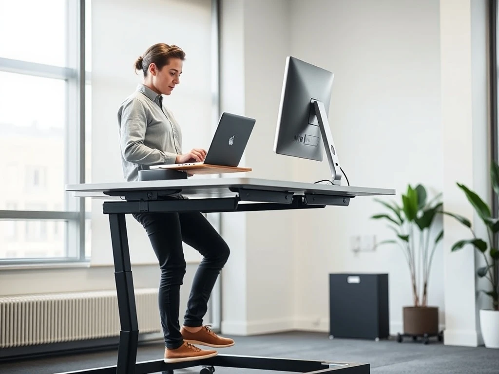 A person stands comfortably at a modern ergonomic standing desk, working on a laptop, demonstrating improved posture and productivity.