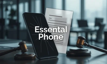 An Essential Phone with a broken screen, symbolizing the Essential Phone bankruptcy and the challenges faced by tech startups.