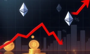 Ether price chart breaking critical support level with downward trend indicators