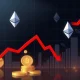 Ether price chart breaking critical support level with downward trend indicators