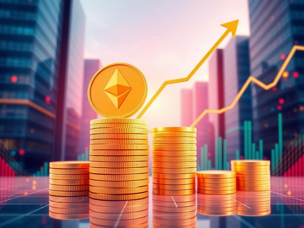 Visualizing the dramatic growth of Ether treasuries, with ETH coins symbolizing increasing corporate holdings reaching $13 billion.