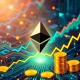 Ethereum passive income opportunities grow as ETH price surges, depicted by a rising chart and digital currency.