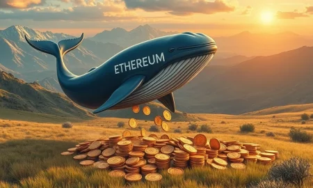 An abstract depiction of large investors (whales) acquiring Ethereum (ETH) from smaller traders, illustrating market accumulation during a price rally.